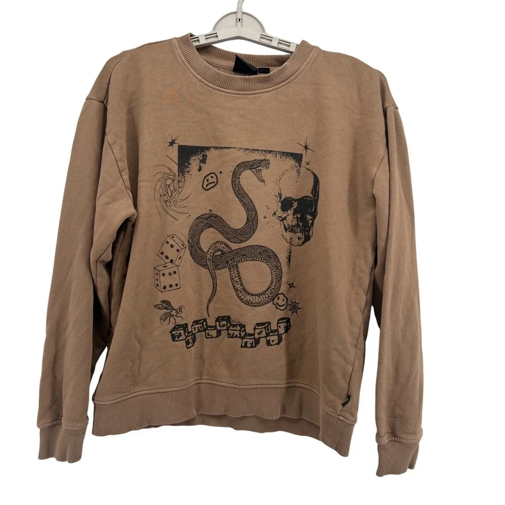 Vans Sweatshirt Mens Small Tan Brown Snake Skull Graphic Crewneck Pullover S - Picture 1 of 9